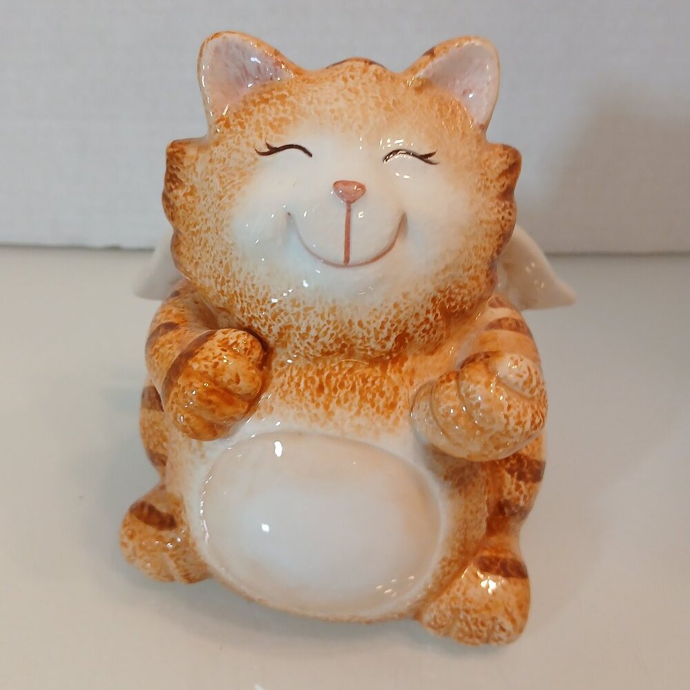 Vintage Smiling Orange Brown Striped Tabby Cat Bank With Wings Ceramic